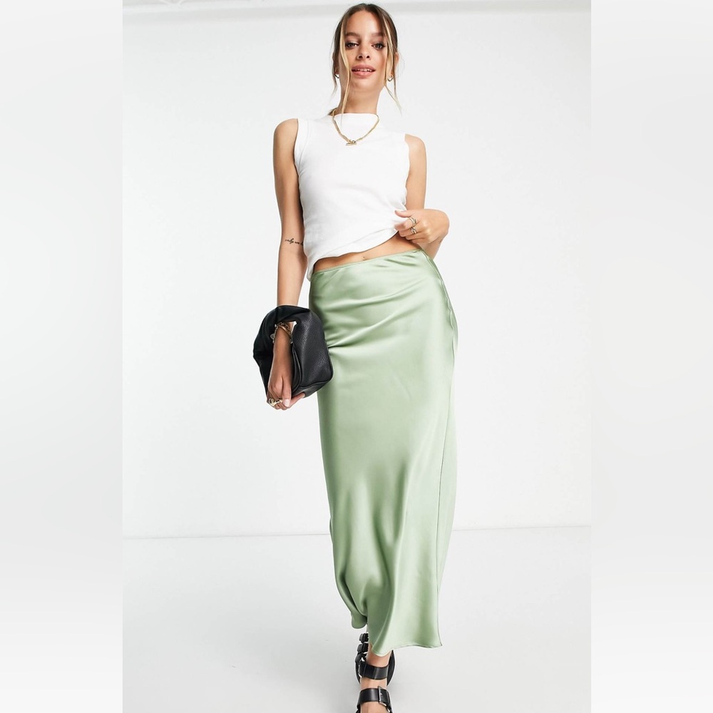Topshop Green Maxi Satin Skirt